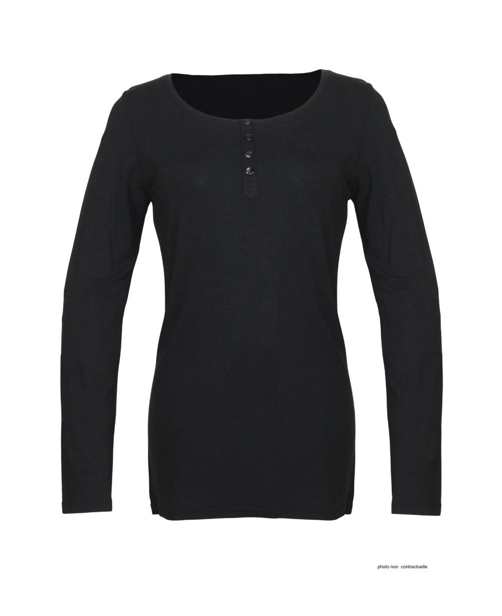 MAYFLOWER - Tee-shirt noir manches longues viscose stretch 4 boutons