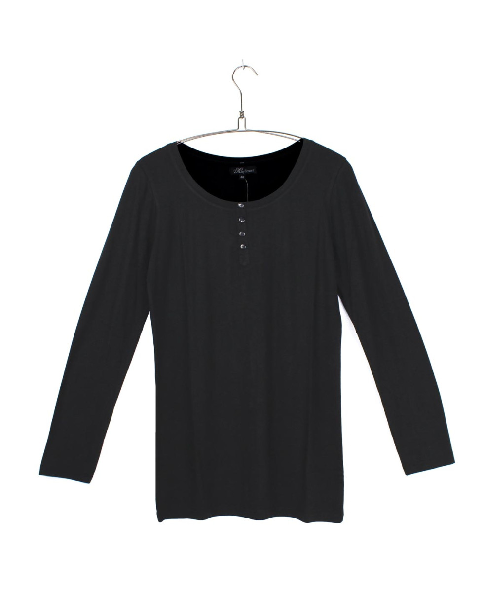 MAYFLOWER - Tee-shirt noir manches longues viscose stretch 4 boutons