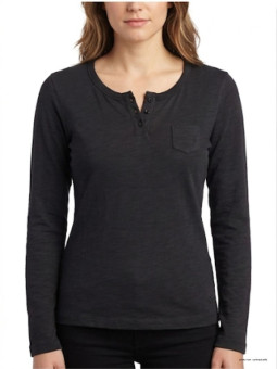 Tee-shirt femme noir manches longues AXONE CHINA1N en coton flammé avec col 3 boutons et poche poitrine.