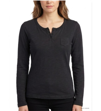 Tee-shirt femme noir manches longues AXONE CHINA1N en coton flammé avec col 3 boutons et poche poitrine.