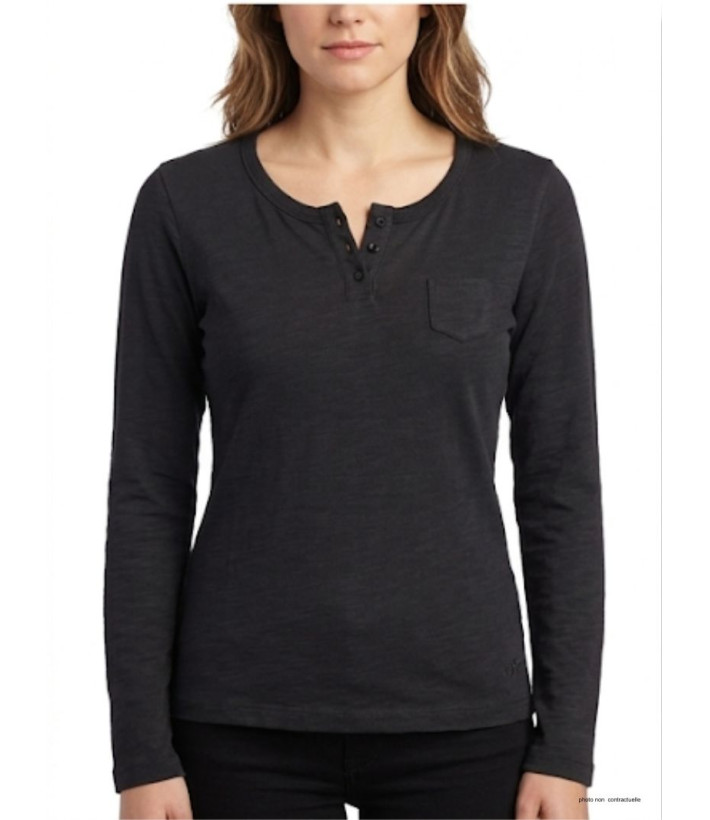 Tee-shirt femme noir manches longues AXONE CHINA1N en coton flammé avec col 3 boutons et poche poitrine.