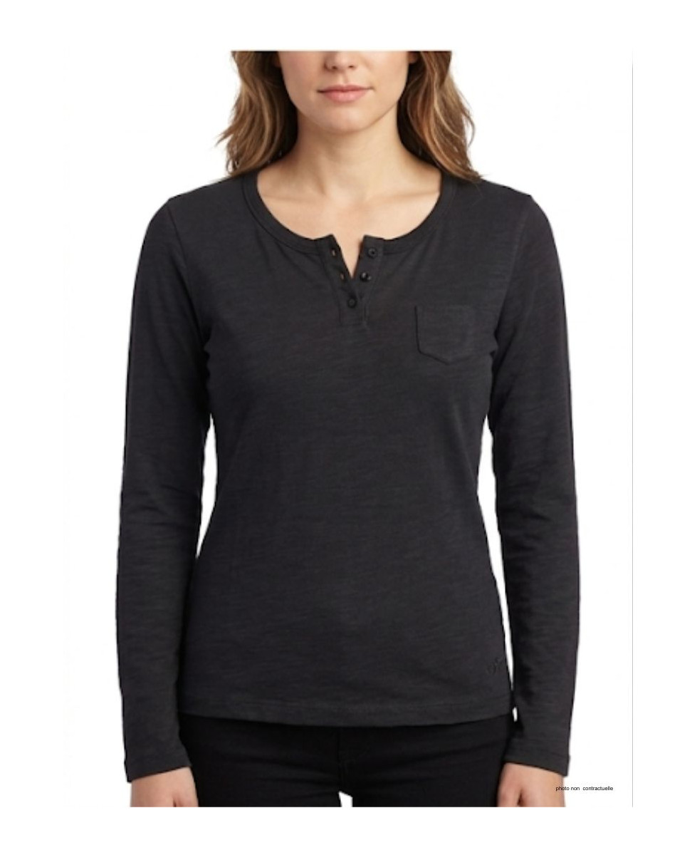 Tee-shirt femme noir manches longues AXONE CHINA1N en coton flammé avec col 3 boutons et poche poitrine.
