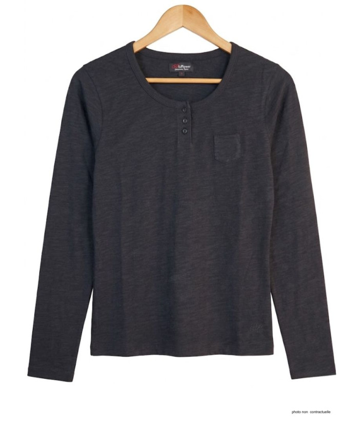 AXONE CHINA1N - Tee-shirt noir coton flammé 3 boutons et poche