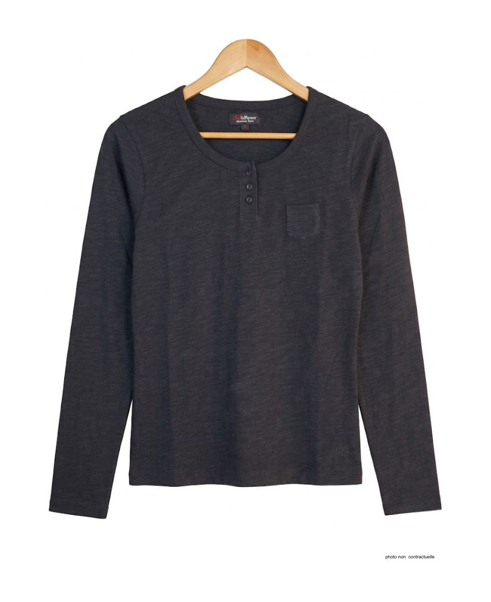 AXONE CHINA1N - Tee-shirt noir coton flammé 3 boutons et poche