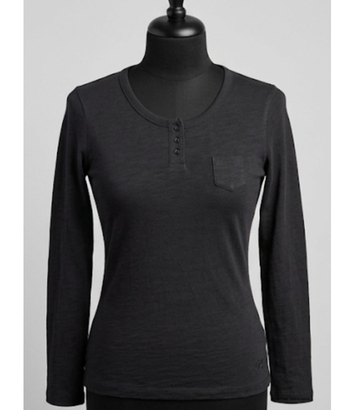 AXONE CHINA1N - Tee-shirt noir coton flammé 3 boutons et poche