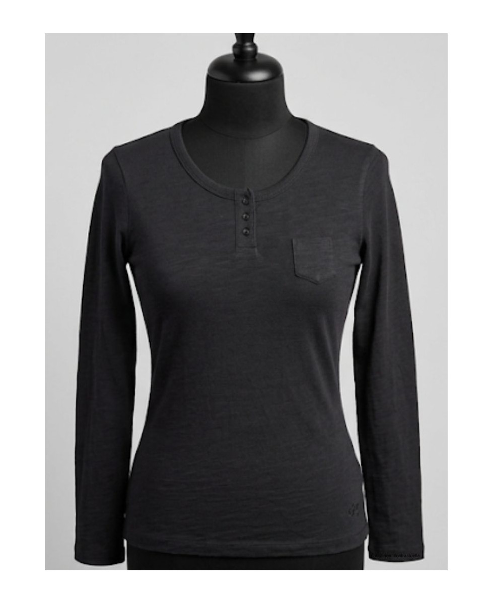 AXONE CHINA1N - Tee-shirt noir coton flammé 3 boutons et poche