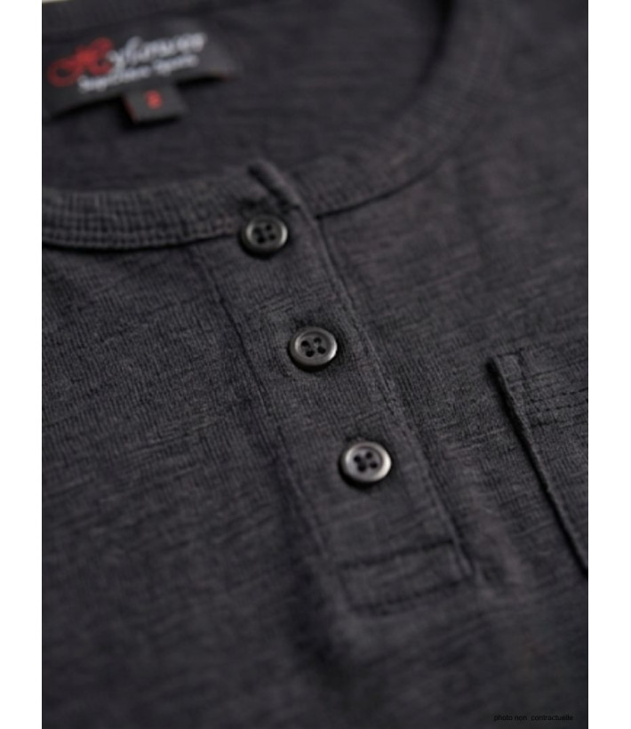 AXONE CHINA1N - Tee-shirt noir coton flammé 3 boutons et poche