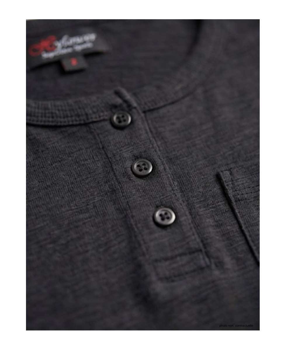 AXONE CHINA1N - Tee-shirt noir coton flammé 3 boutons et poche