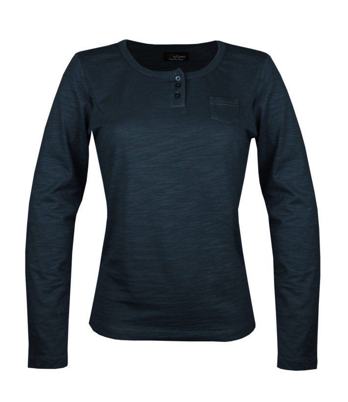 AXONE CHINA1N - Tee-shirt noir coton flammé 3 boutons et poche