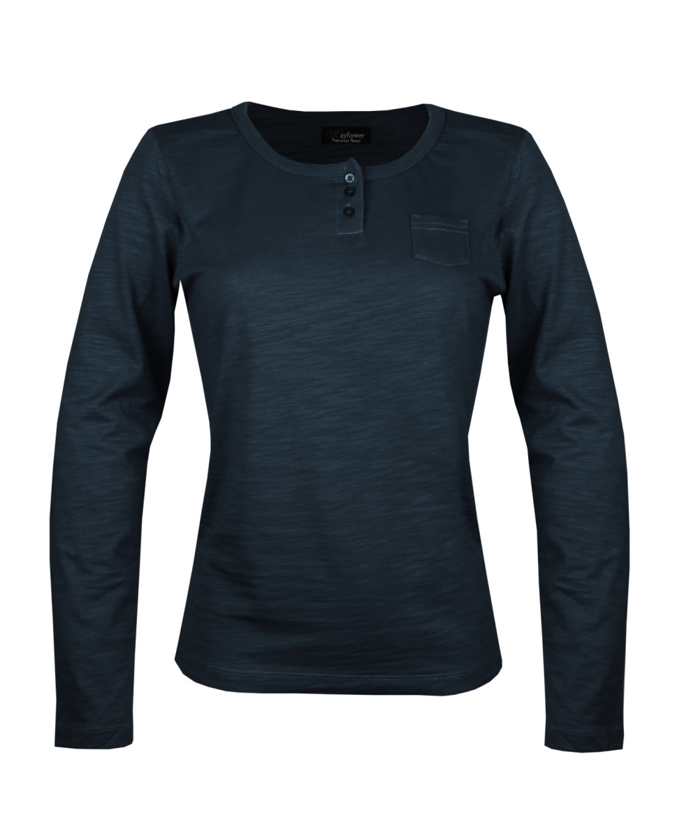 AXONE CHINA1N - Tee-shirt noir coton flammé 3 boutons et poche