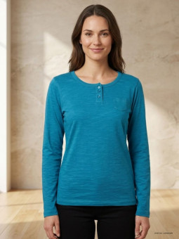 Tee-shirt manches longues bleu MAYFLOWER CHINA4B avec col boutonné et petite poche poitrine.