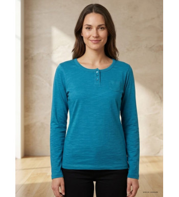 Tee-shirt manches longues bleu MAYFLOWER CHINA4B avec col boutonné et petite poche poitrine.