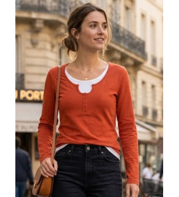 MAYFLOWER CLUB2R : Tee-shirt Rouge Fantaisie Effet 2 en 1