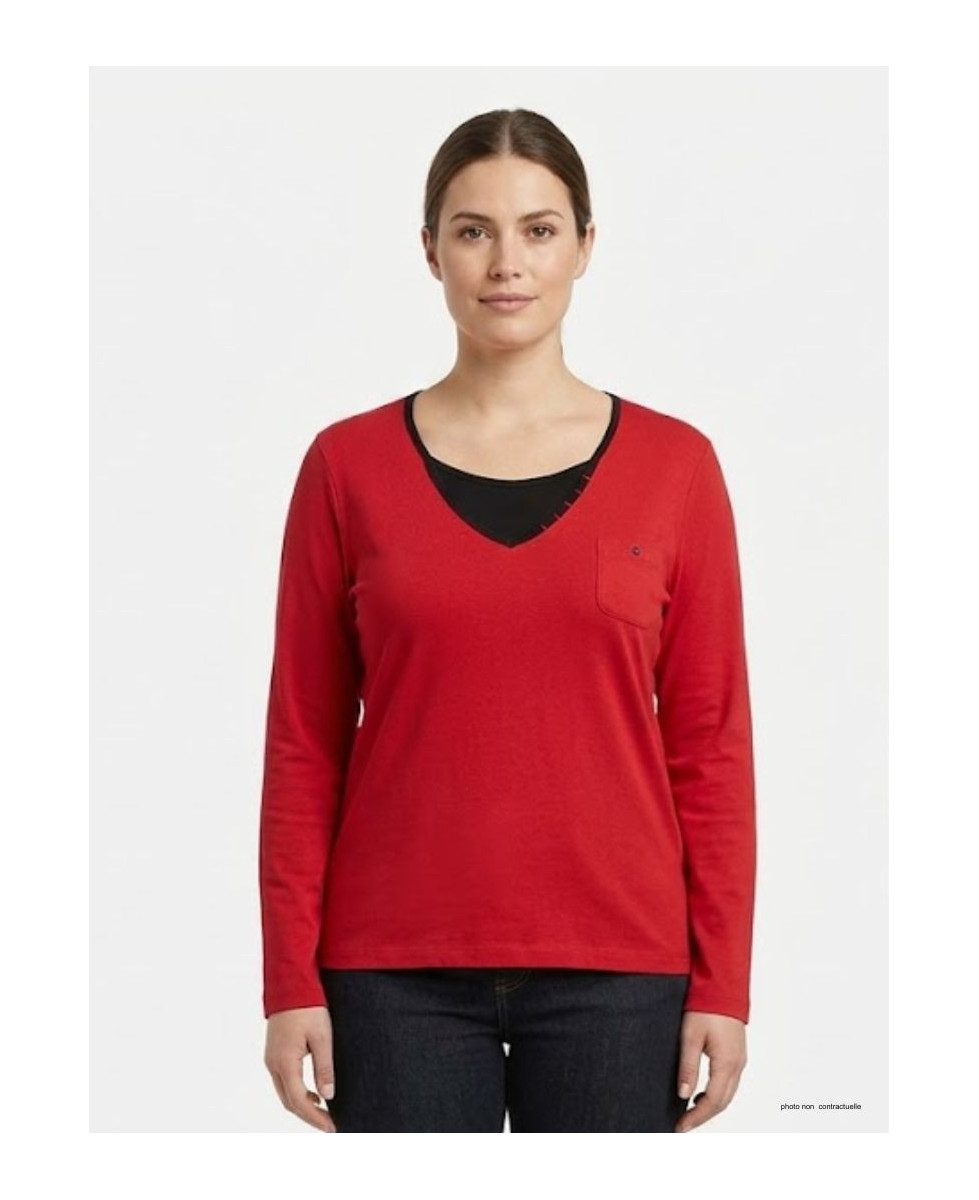 Tee-shirt grande taille AXONE modèle COCCOUN1R rouge avec faux col noir et blanc et poche poitrine.