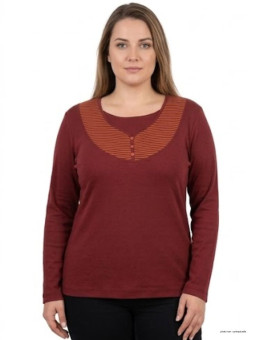Tee-shirt grande taille AXONE modèle COREE1B bordeaux orange à motif double rayé et col boutonné.