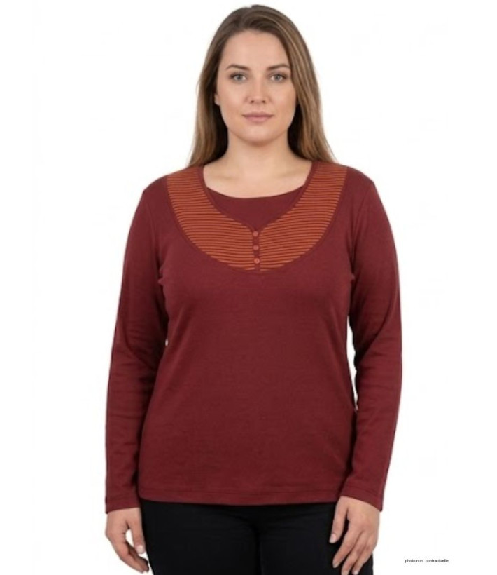 Tee-shirt grande taille AXONE modèle COREE1B bordeaux orange à motif double rayé et col boutonné.