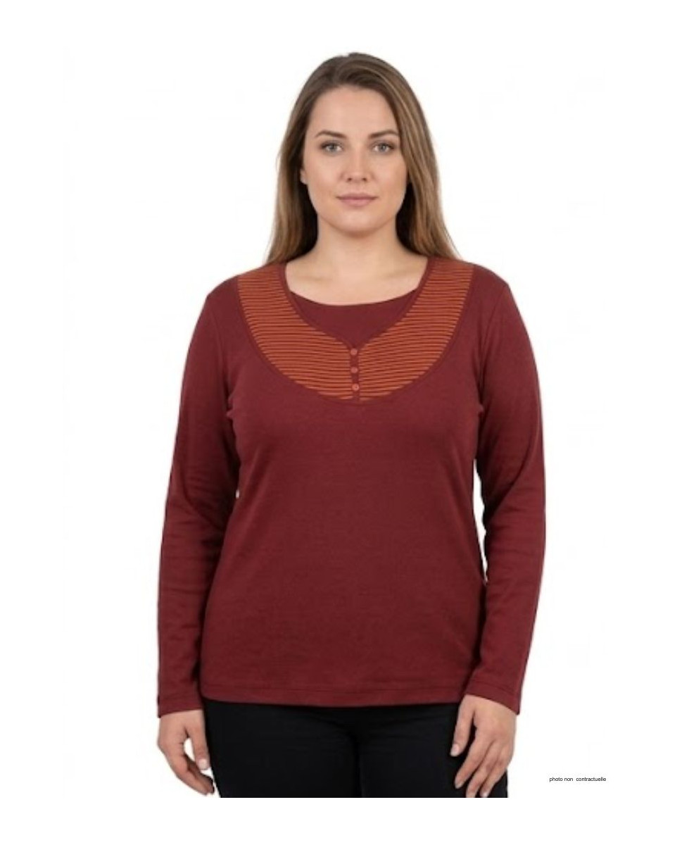 Tee-shirt grande taille AXONE modèle COREE1B bordeaux orange à motif double rayé et col boutonné.
