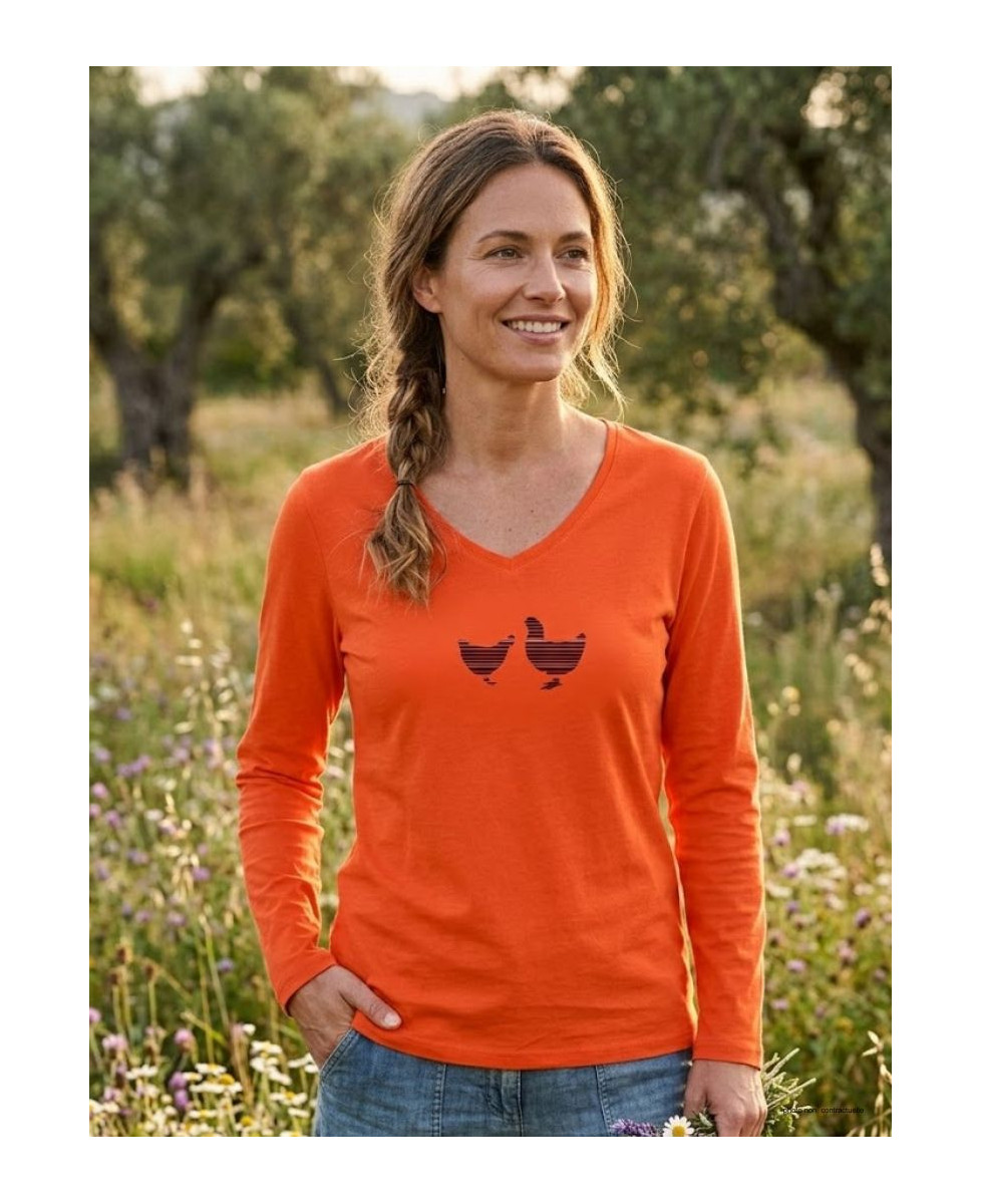 MAYFLOWER NAPOLI1 - Tee-shirt Orange à Imprimé Poule et Col V