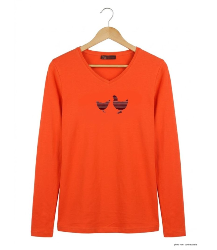 MAYFLOWER NAPOLI1 - Tee-shirt Orange à Imprimé Poule et Col V