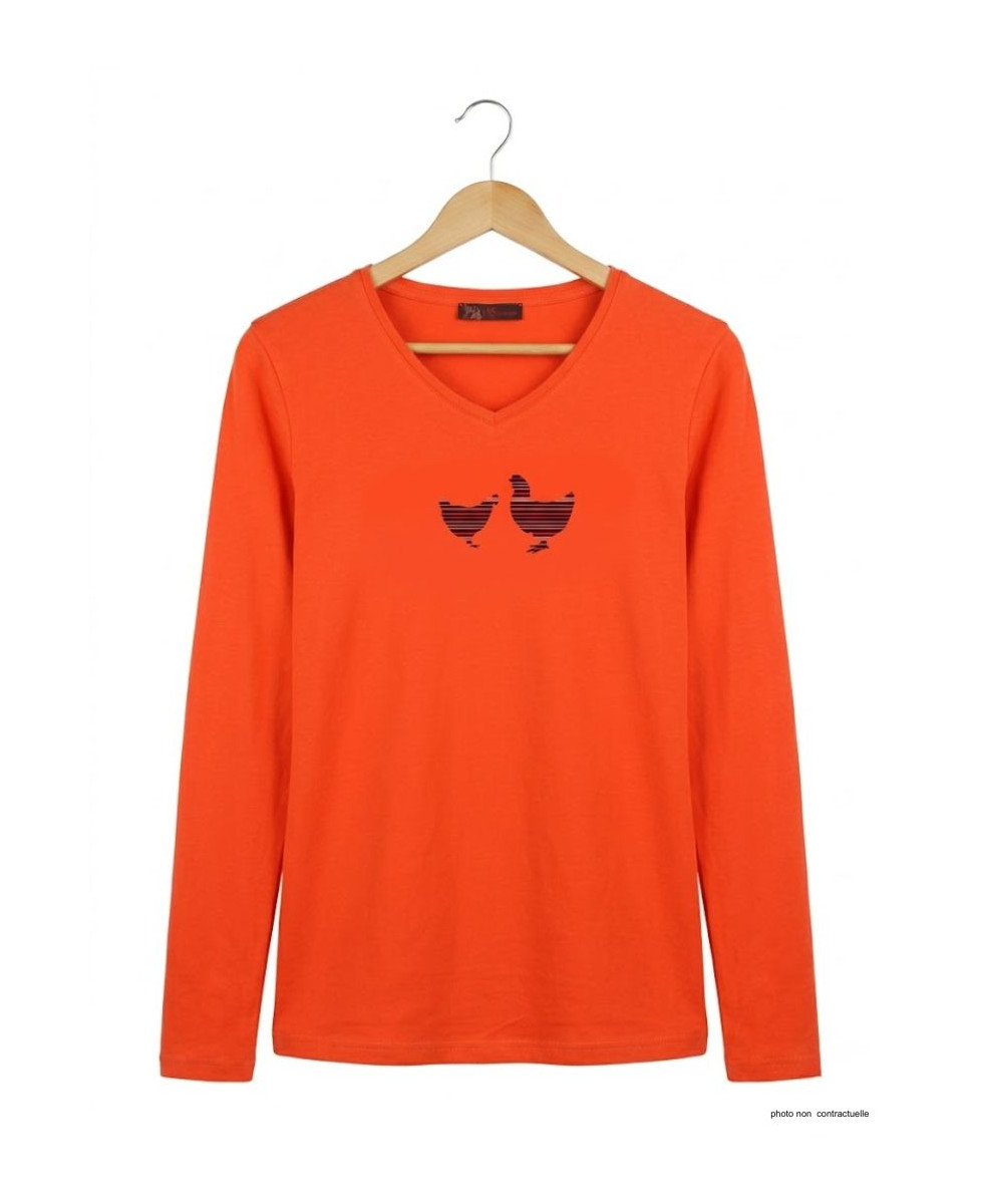 MAYFLOWER NAPOLI1 - Tee-shirt Orange à Imprimé Poule et Col V