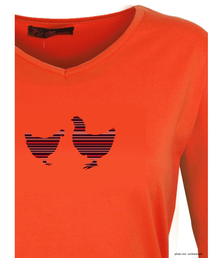 MAYFLOWER NAPOLI1 - Tee-shirt Orange à Imprimé Poule et Col V