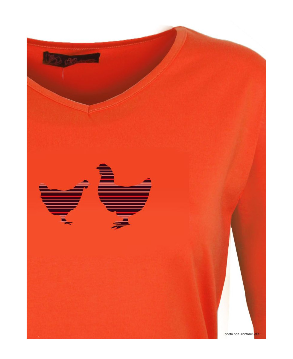 MAYFLOWER NAPOLI1 - Tee-shirt Orange à Imprimé Poule et Col V