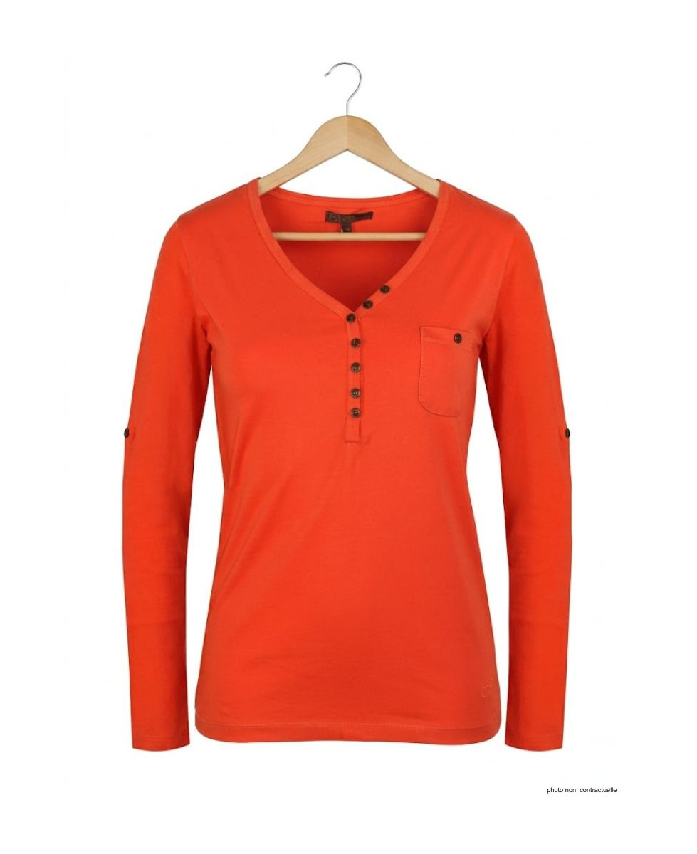 MAYFLOWER NATALI1 - Tee-shirt Orange Col V Boutonné 100% Coton
