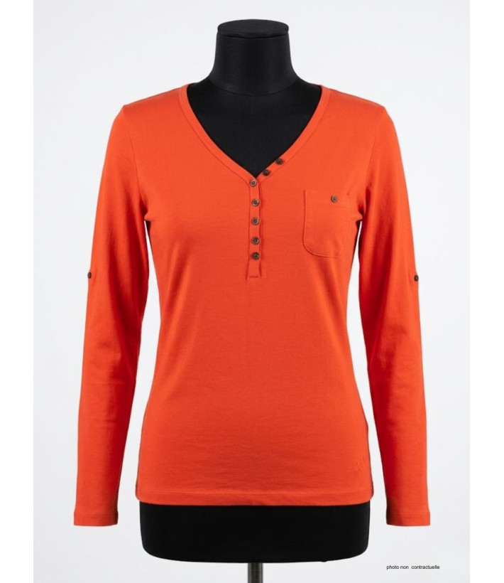 MAYFLOWER NATALI1 - Tee-shirt Orange Col V Boutonné 100% Coton