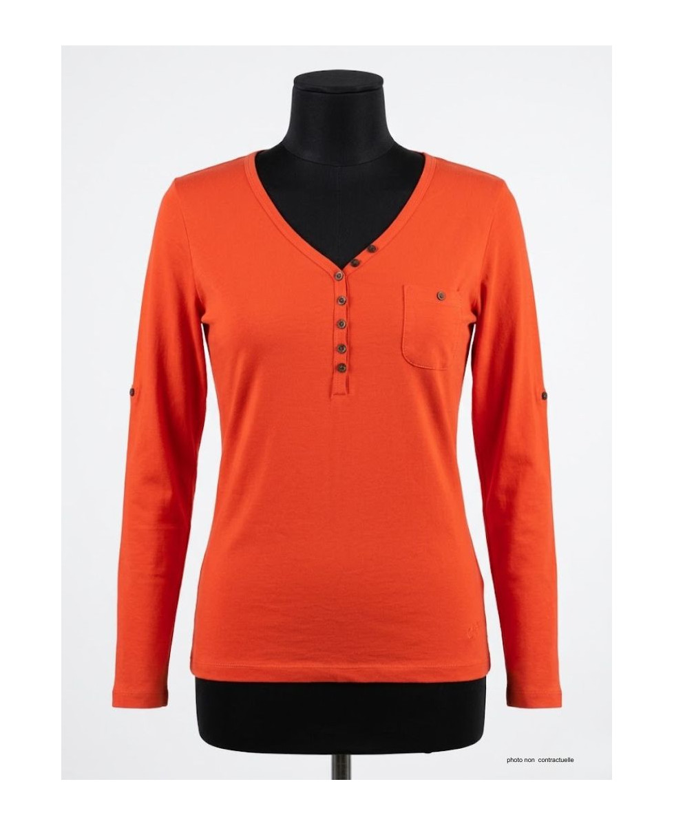 MAYFLOWER NATALI1 - Tee-shirt Orange Col V Boutonné 100% Coton