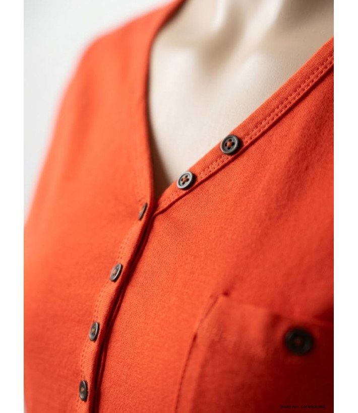 MAYFLOWER NATALI1 - Tee-shirt Orange Col V Boutonné 100% Coton