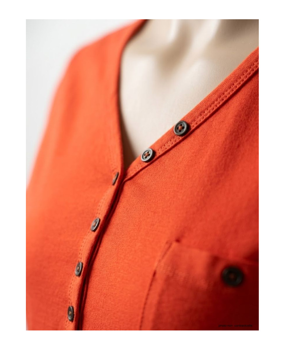 MAYFLOWER NATALI1 - Tee-shirt Orange Col V Boutonné 100% Coton