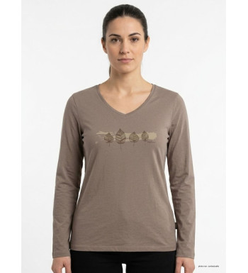 Tee-shirt femme manches longues beige sable Mayflower modèle NERVAL5 avec petit col V et sérigraphie vintage.