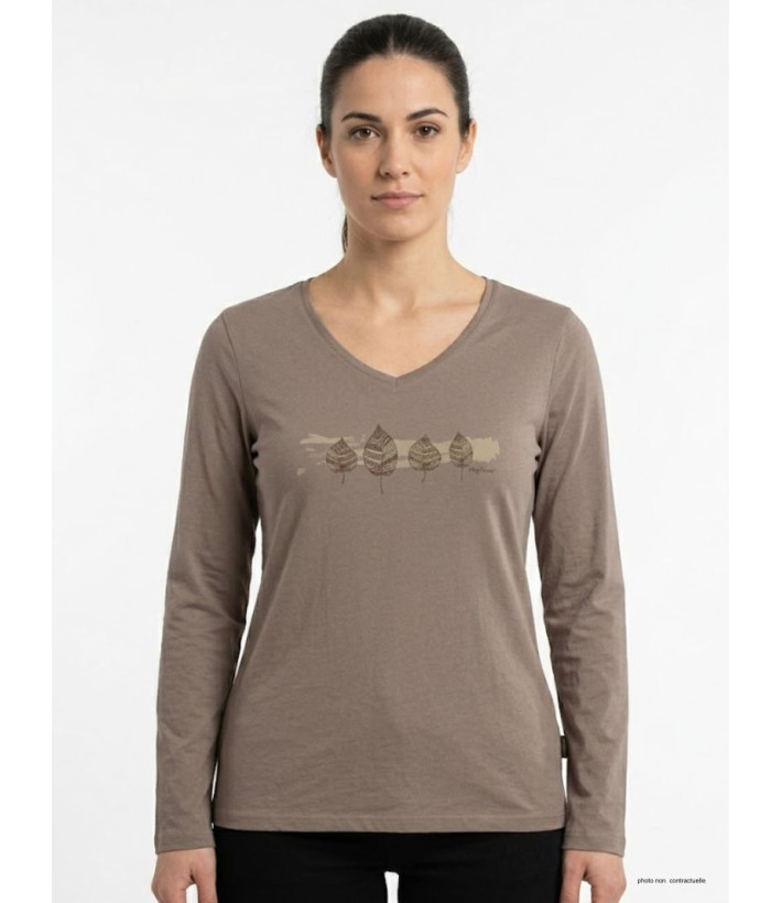 Tee-shirt femme manches longues beige sable Mayflower modèle NERVAL5 avec petit col V et sérigraphie vintage.