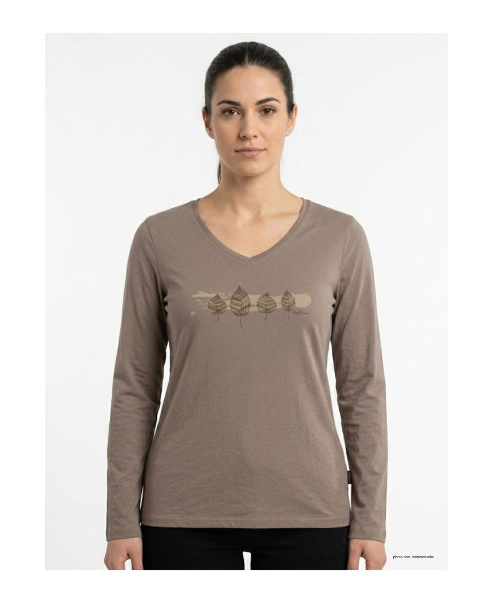 Tee-shirt femme manches longues beige sable Mayflower modèle NERVAL5 avec petit col V et sérigraphie vintage.