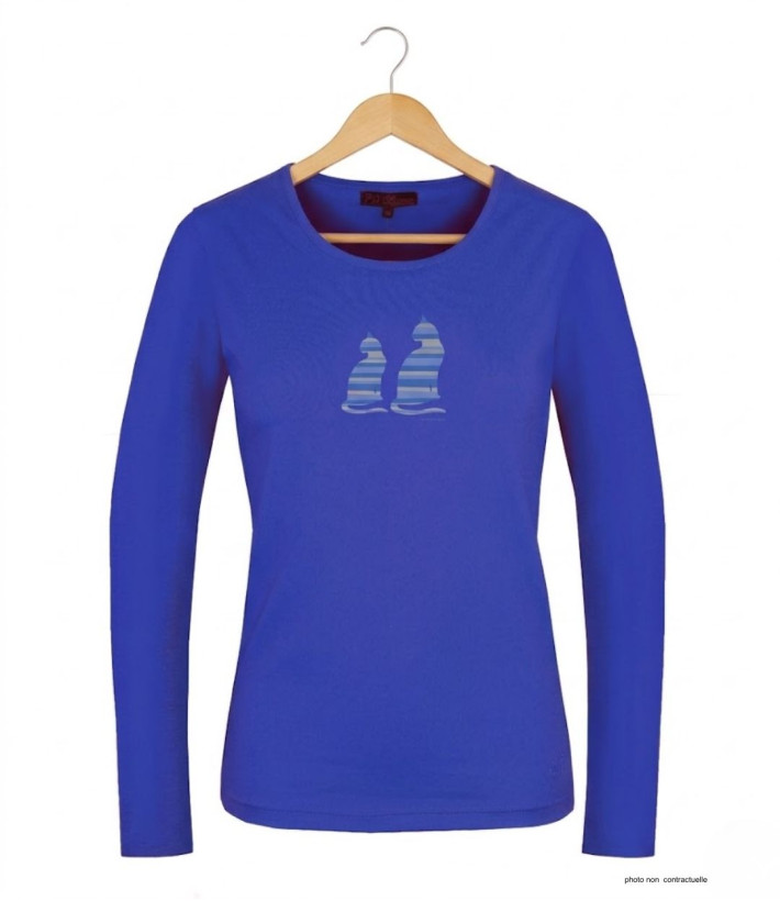 MAYFLOWER NILSEN1 : Tee-shirt bleu motif deux chats en coton