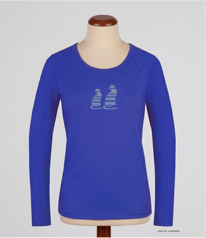 MAYFLOWER NILSEN1 : Tee-shirt bleu motif deux chats en coton