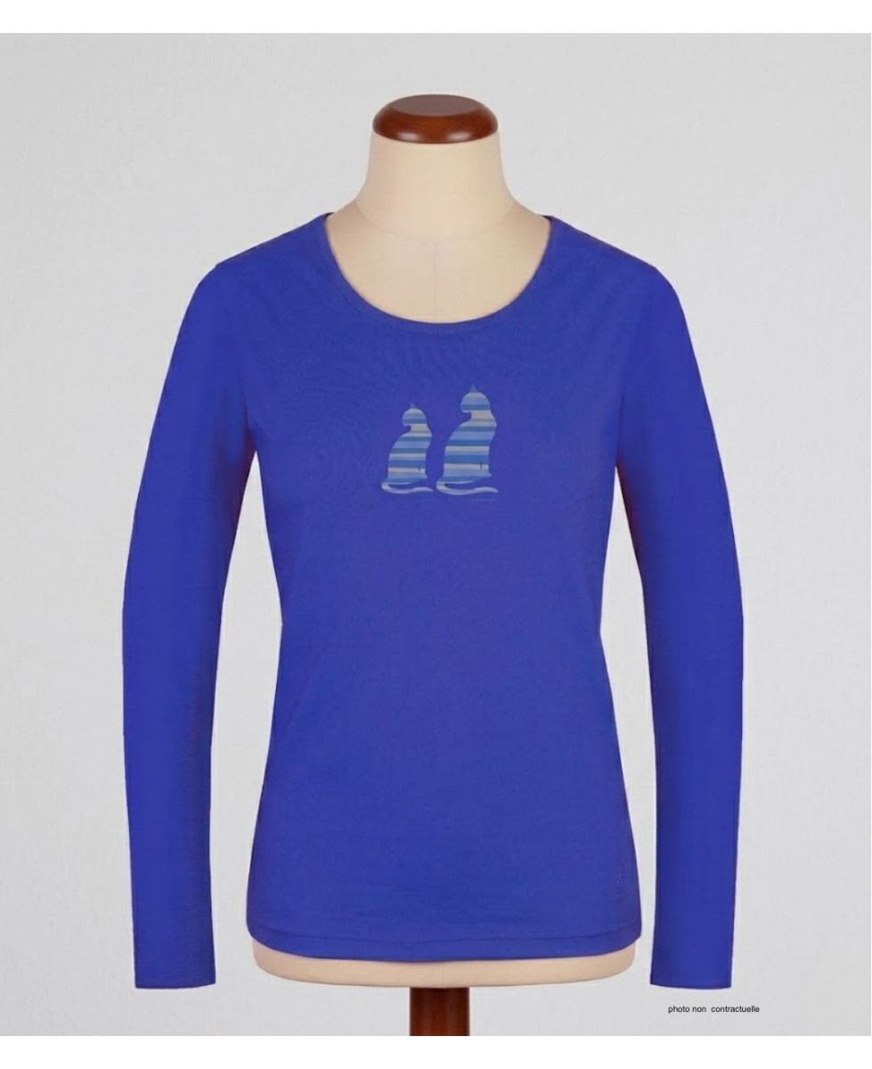 MAYFLOWER NILSEN1 : Tee-shirt bleu motif deux chats en coton