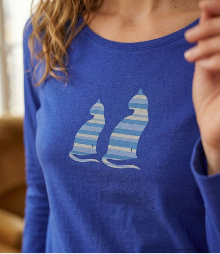 MAYFLOWER NILSEN1 : Tee-shirt bleu motif deux chats en coton