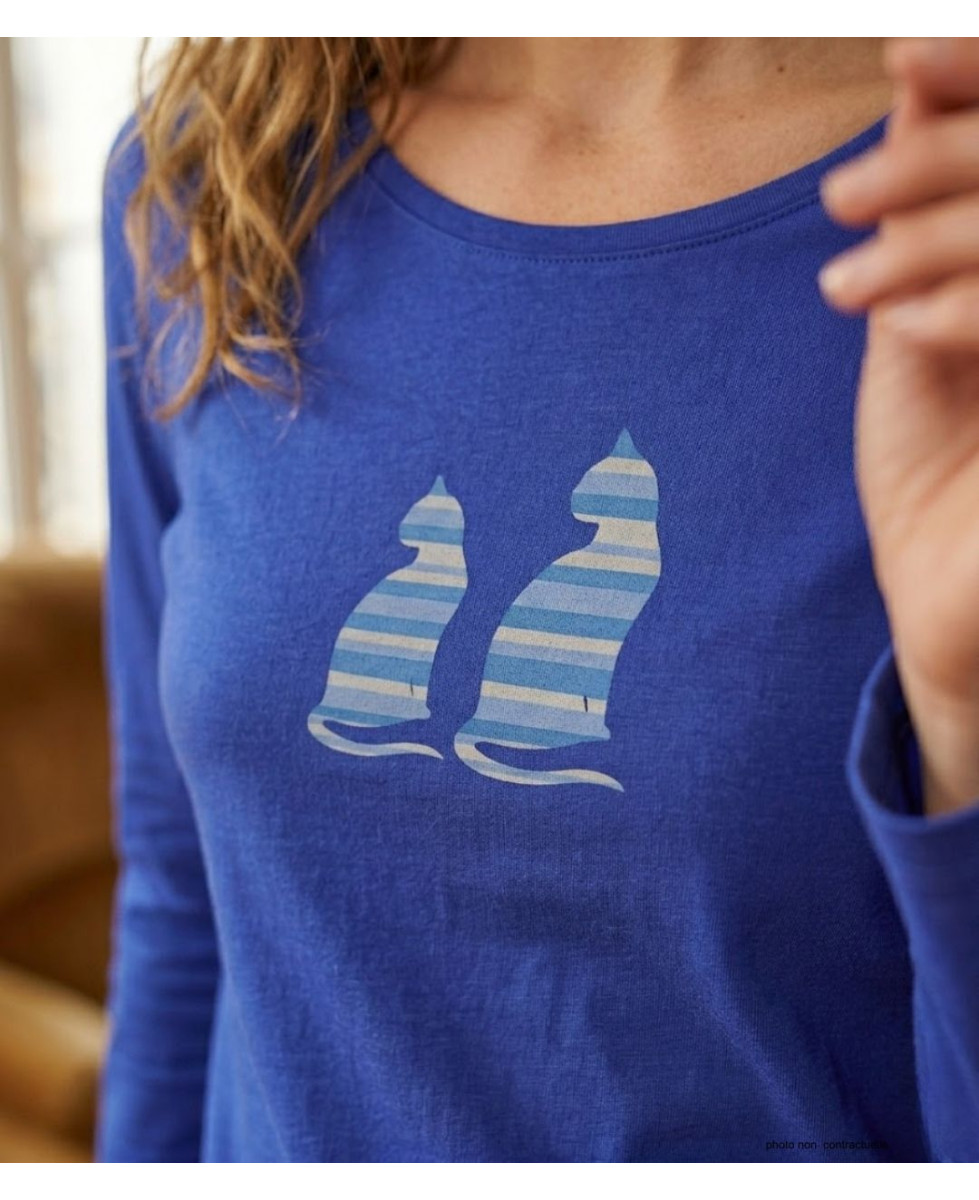 MAYFLOWER NILSEN1 : Tee-shirt bleu motif deux chats en coton