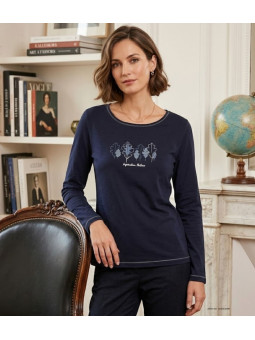 Tee-shirt manches longues MAYFLOWER modèle NOBODY1 coloris bleu marine avec sérigraphie argentée.