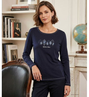 Tee-shirt manches longues MAYFLOWER modèle NOBODY1 coloris bleu marine avec sérigraphie argentée.