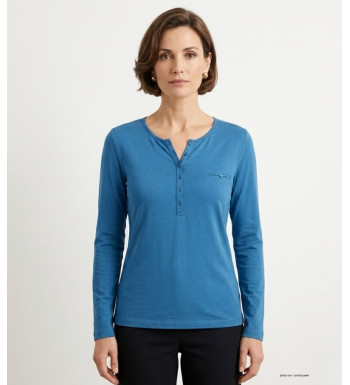 MAYFLOWER NOVICE2 : Tee-shirt bleu col tunisien et satin