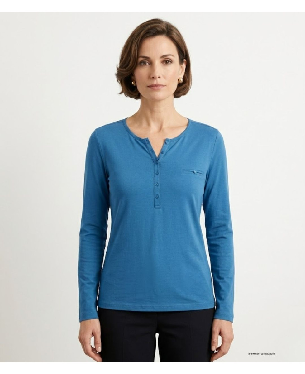 MAYFLOWER NOVICE2 : Tee-shirt bleu col tunisien et satin