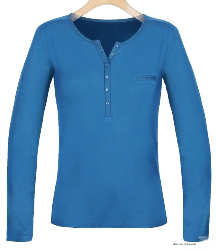 MAYFLOWER NOVICE2 : Tee-shirt bleu col tunisien et satin