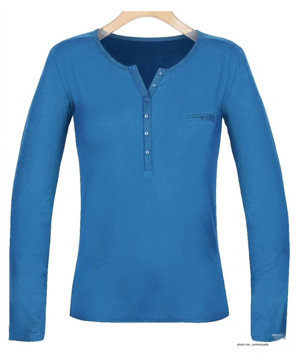 MAYFLOWER NOVICE2 : Tee-shirt bleu col tunisien et satin