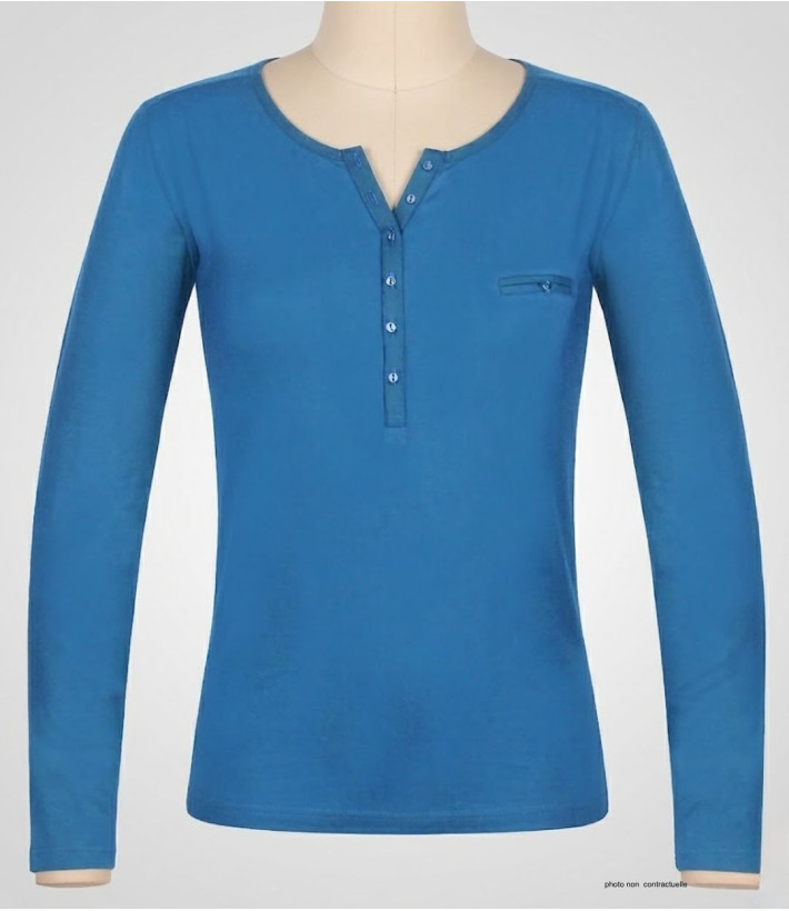 MAYFLOWER NOVICE2 : Tee-shirt bleu col tunisien et satin