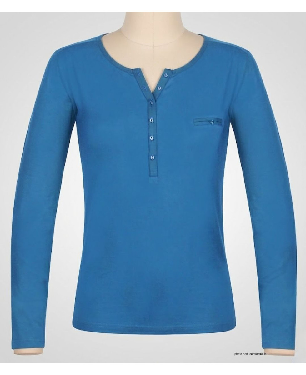 MAYFLOWER NOVICE2 : Tee-shirt bleu col tunisien et satin