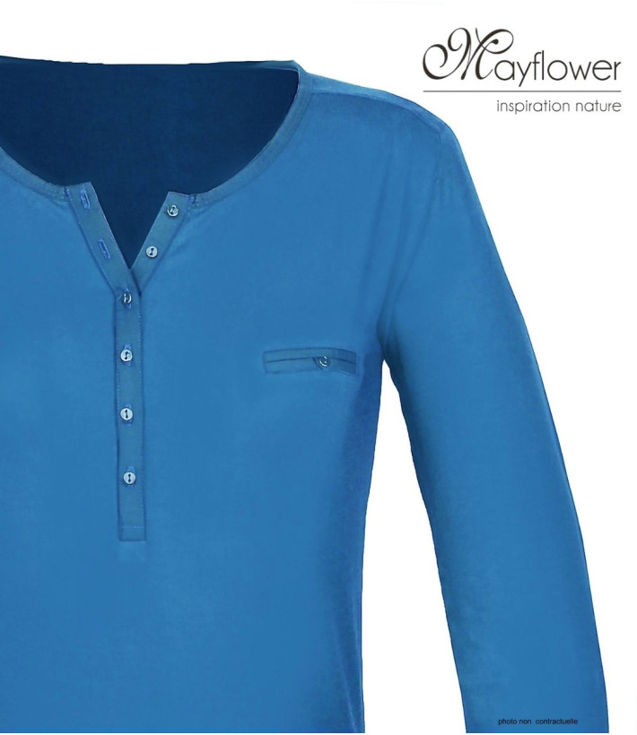 MAYFLOWER NOVICE2 : Tee-shirt bleu col tunisien et satin