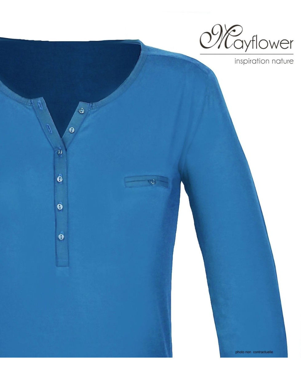 MAYFLOWER NOVICE2 : Tee-shirt bleu col tunisien et satin