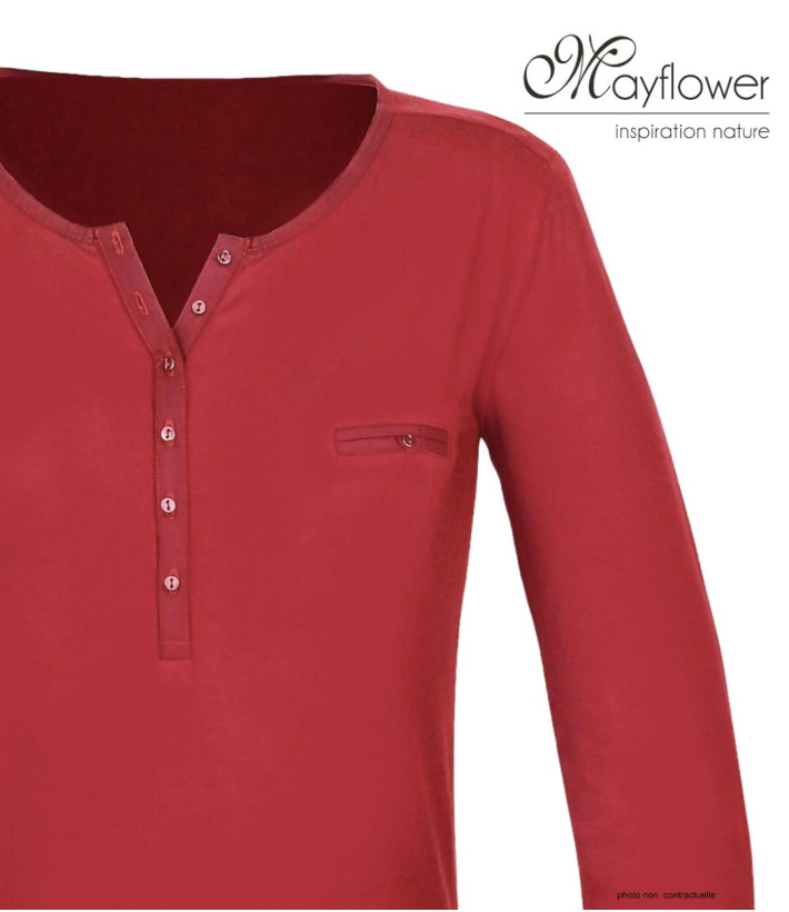 MAYFLOWER NOVICE3 : Tee-shirt rouge col tunisien satiné